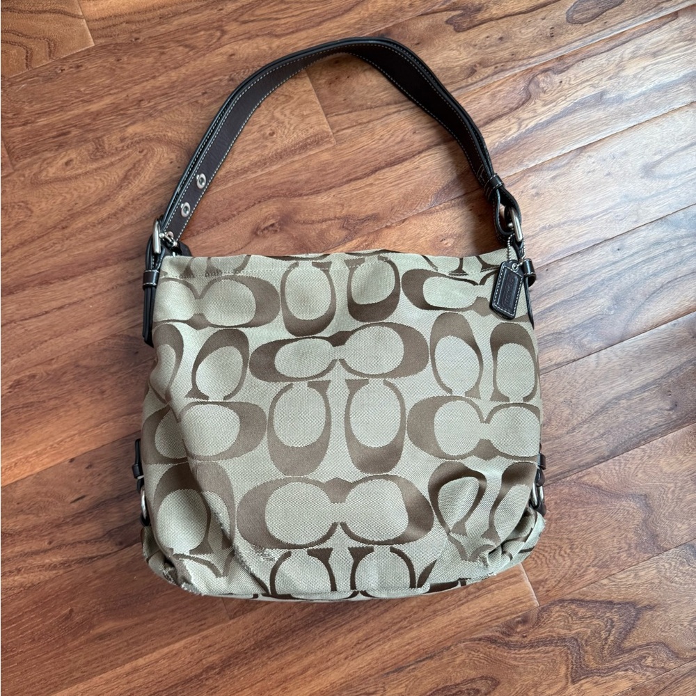 Coach Tan and Brown Shoulder Bag with Signature Monogram